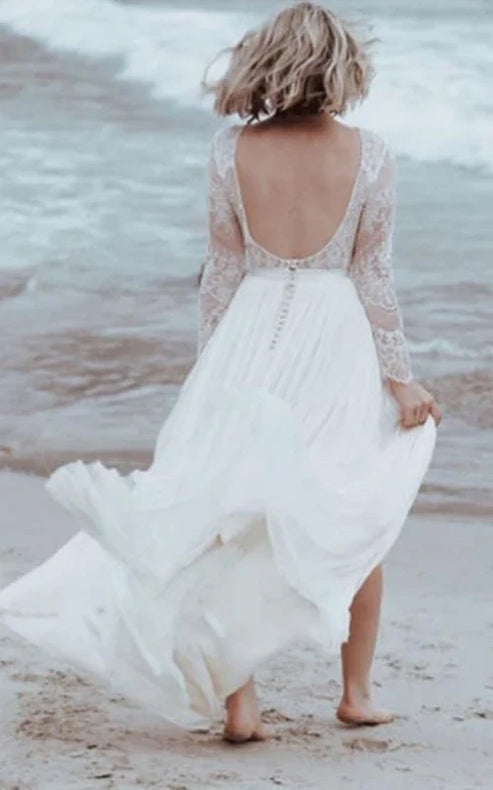 Luolandi Casual Lace Bateau A Line Tulle Floor-length Wedding Dress with Split Front and Pleats Open Back