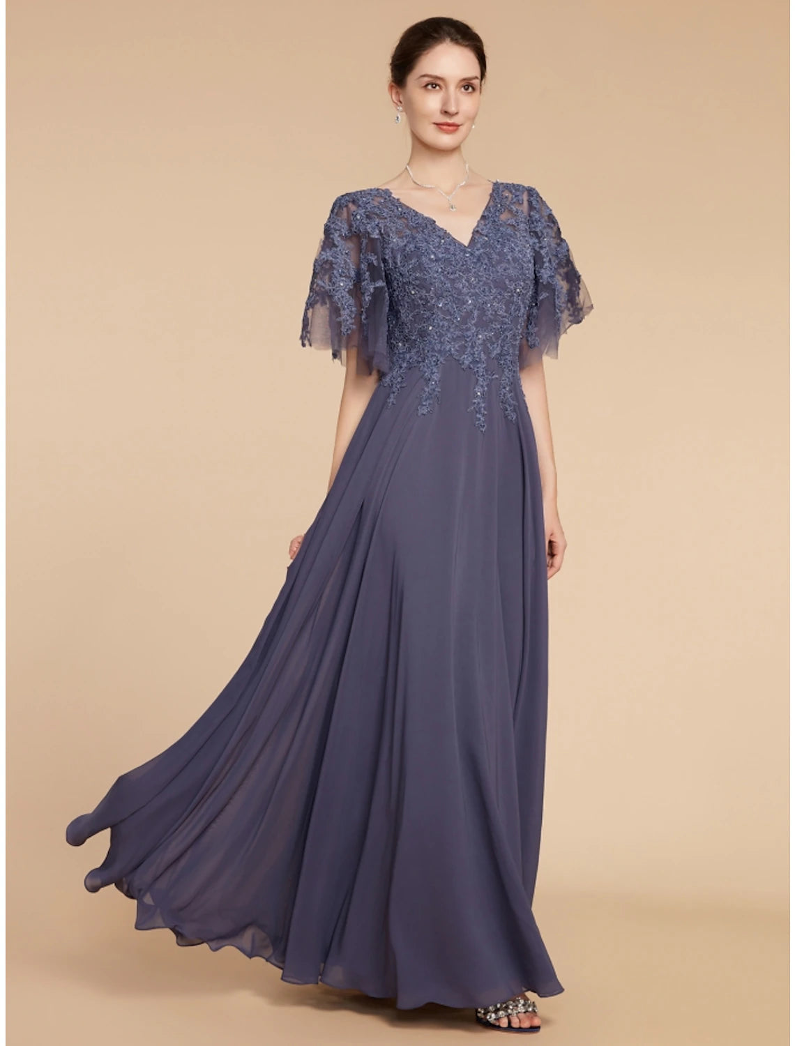 Luolandi A-Line Mother of the Bride Dress Wedding Guest Elegant V Neck Floor Length Chiffon Lace Short Sleeve with Sequin Ruching