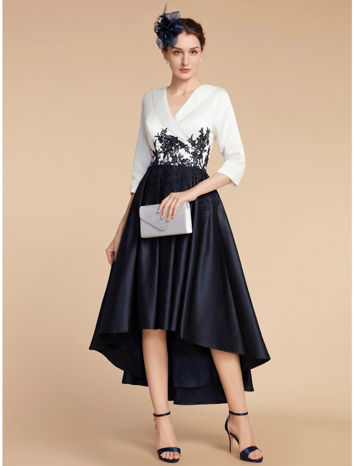 Luolandi A-Line Mother of the Bride Dress Wedding Guest Elegant Petite V Neck Asymmetrical Satin Lace Half Sleeve