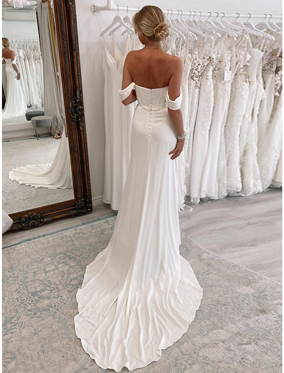 Luolandi Reception Formal Wedding Dresses Sheath / Column Off Shoulder Sleeveless Court Train Fabric Bridal Suits Bridal Gowns With Pleats