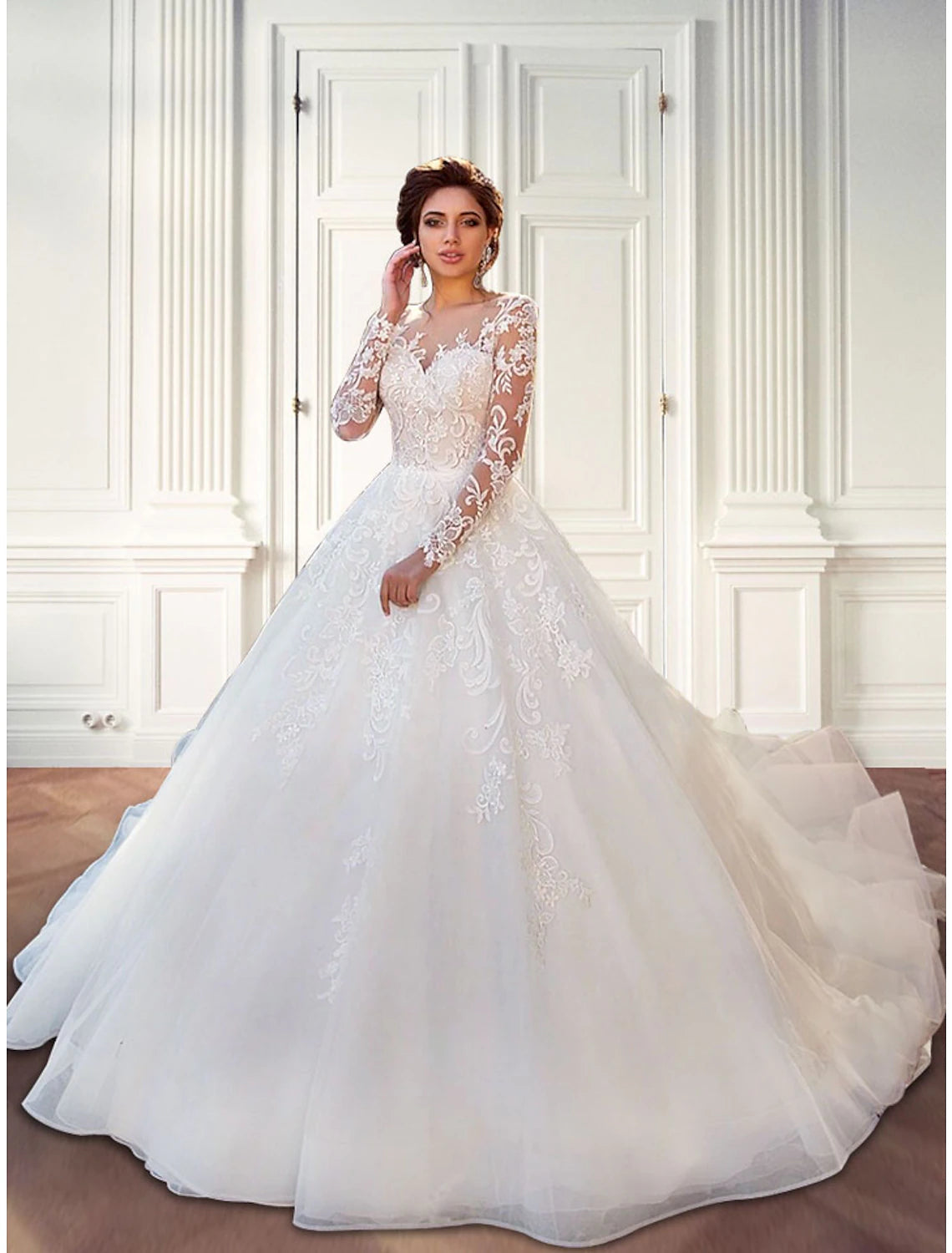 Luolandi Engagement Formal Fall Wedding Dresses Ball Gown Illusion Neck Long Sleeve Court Train Lace Bridal Gowns With Lace Appliques Wedding Party