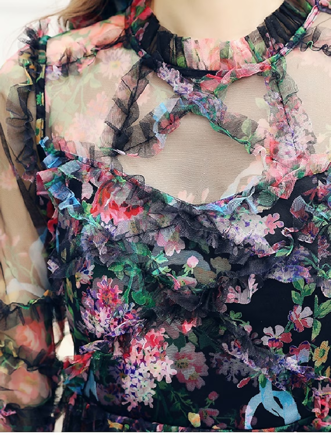 Luolandi A-Line Prom Dresses Floral Dress Wedding Guest Ankle Length Long Sleeve Jewel Neck Polyester with Ruffles Pattern