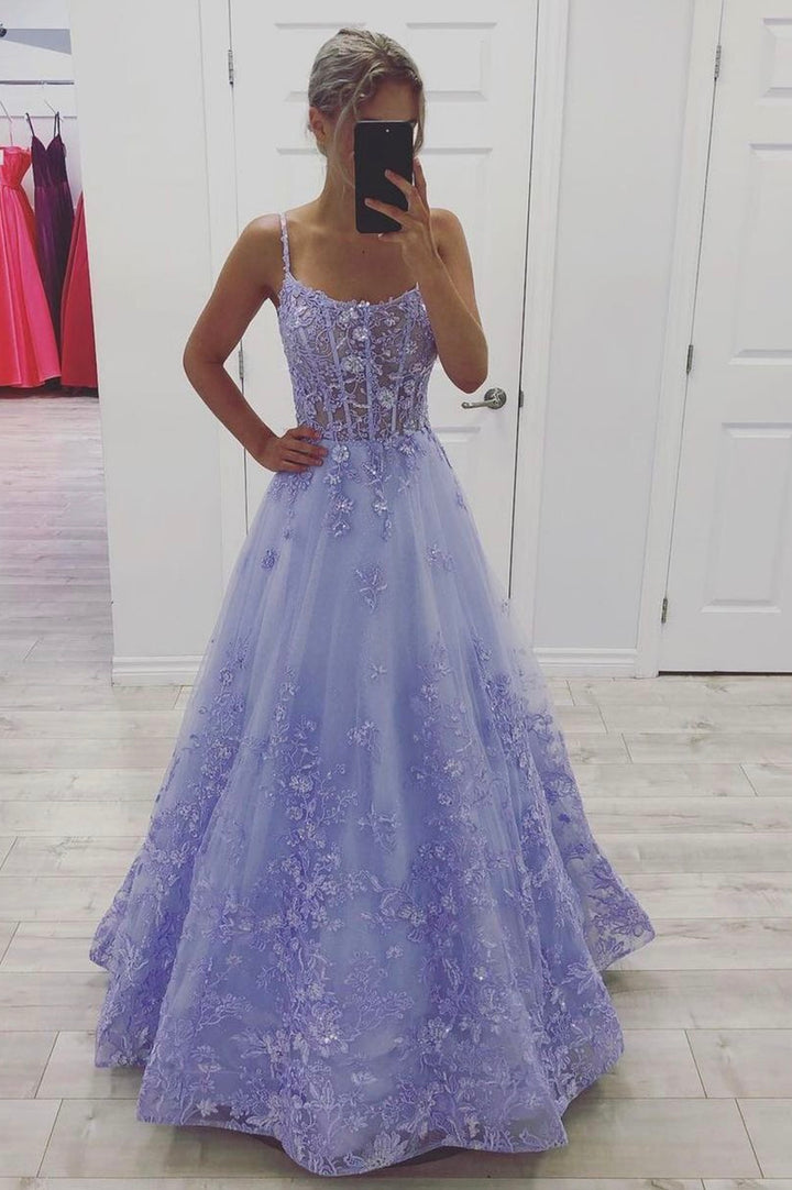 Luolandi Purple Tulle Lace Long Prom Dresses A-Line Purple Graduation Evening Dresses Beautiful