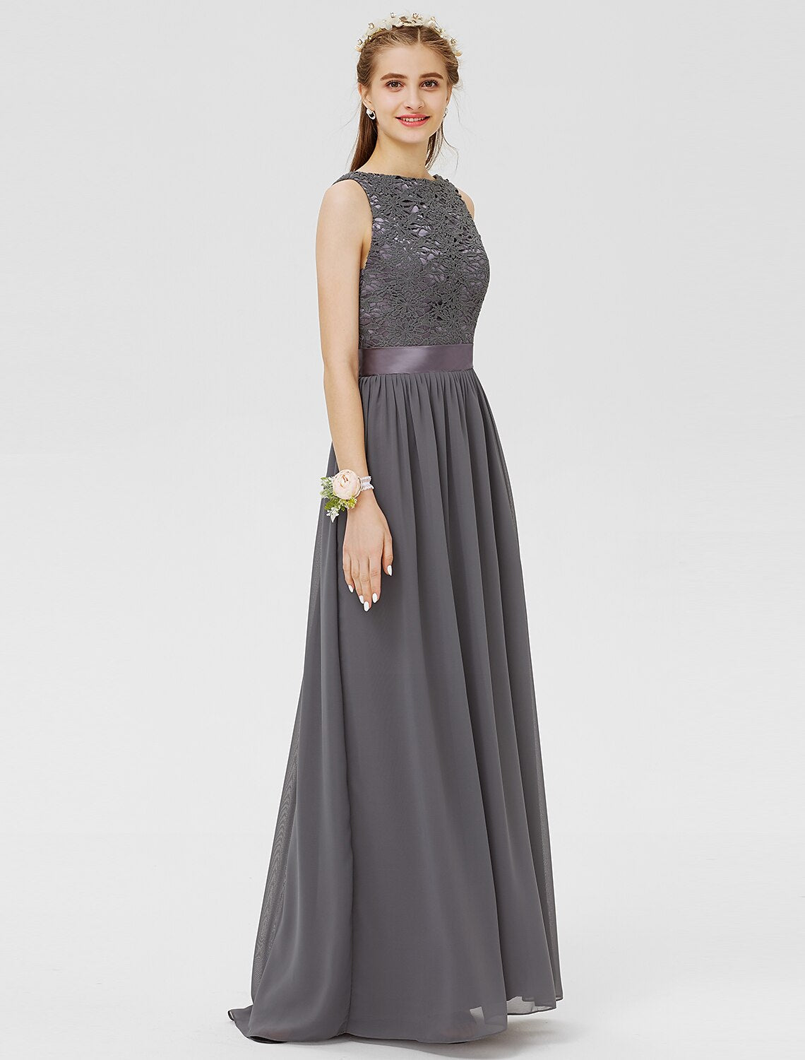 Luolandi Sheath / Column Bateau Floor Length Chiffon / Floral Lace Bridesmaid Dress with Lace / Sash / Ribbon