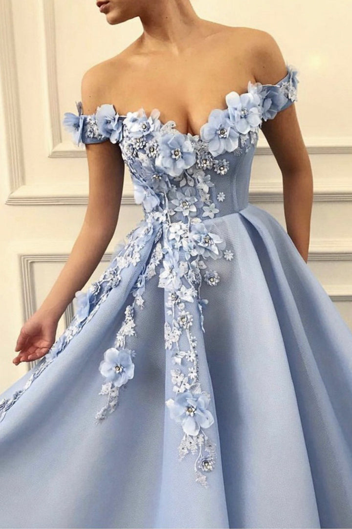 Luolandi Blue Off the Shoulder Long Prom Dress A-Line Blue Evening Dress With Flowers
