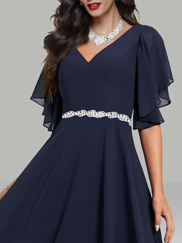 Luolandi A-Line Wedding Guest Dresses Elegant Dress Cocktail Party Tea Length Short Sleeve V Neck Belt / Sash Chiffon with Rhinestone Glitter