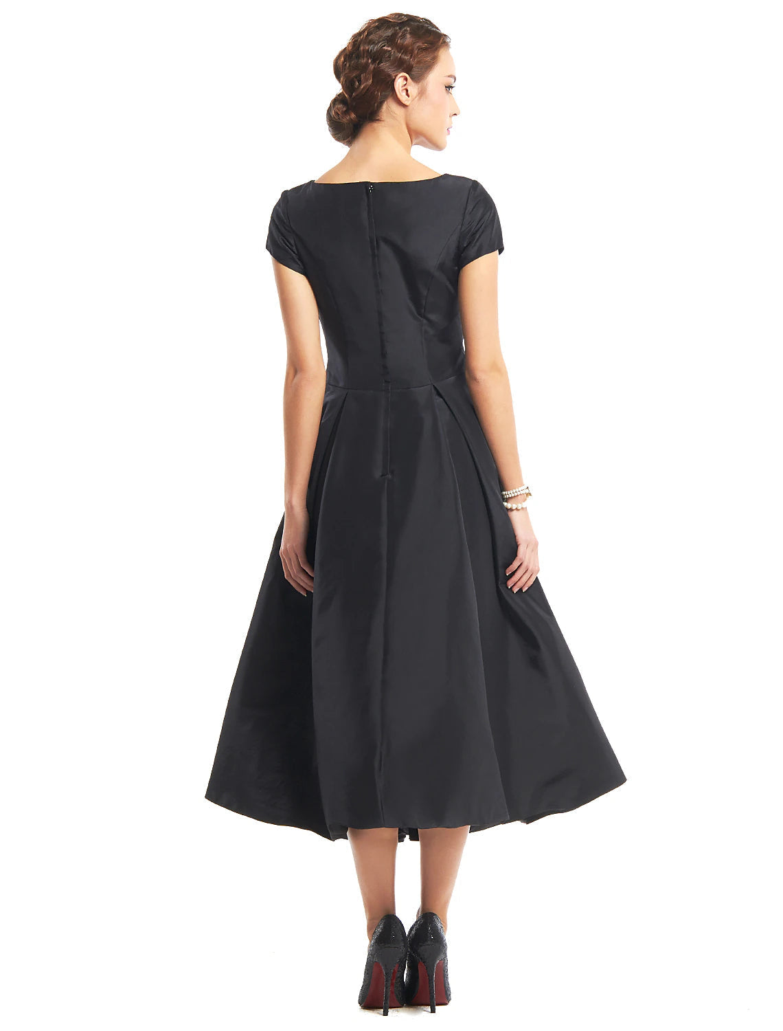 Luolandi A-Line Black Dress Vintage Homecoming Wedding Guest Tea Length Short Sleeve Boat Neck Taffeta