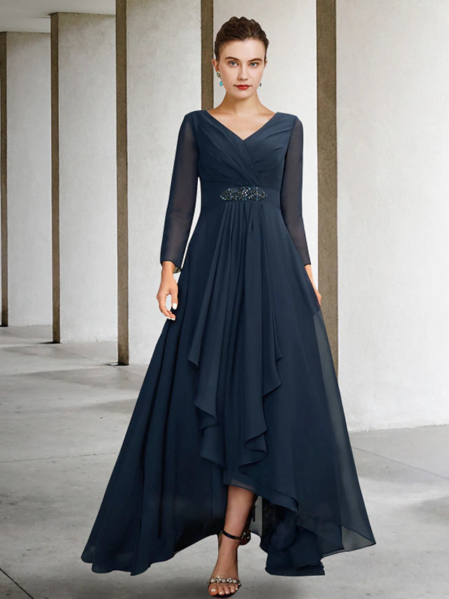 Luolandi A-Line Mother of the Bride Dress Plus Size Elegant High Low V Neck Asymmetrical Floor Length Chiffon Long Sleeve