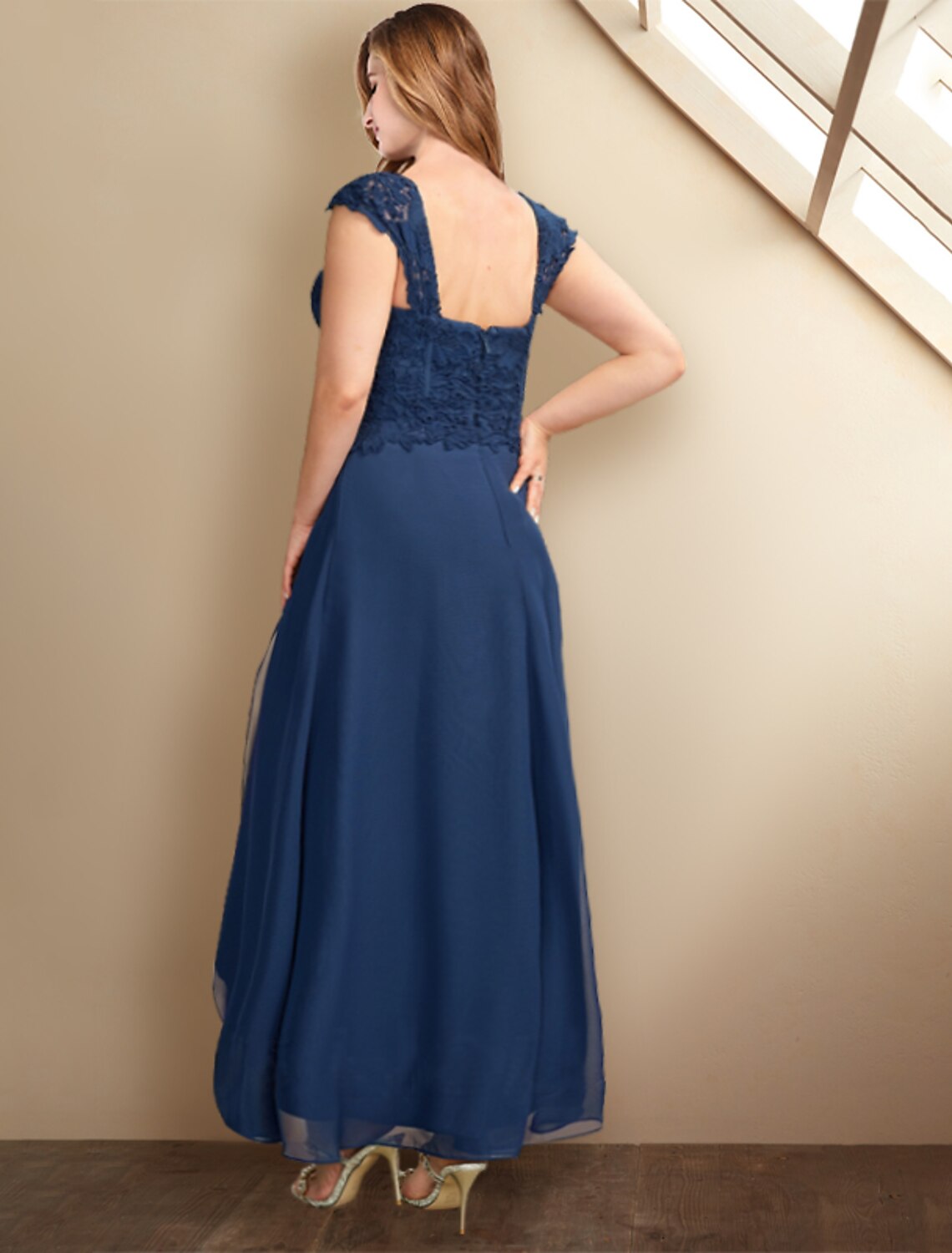 Luolandi Two Piece A-Line Mother of the Bride Dresses Plus Size Hide Belly Curve Elegant Dress Formal Asymmetrical Half Sleeve Square Neck Chiffon with Pleats