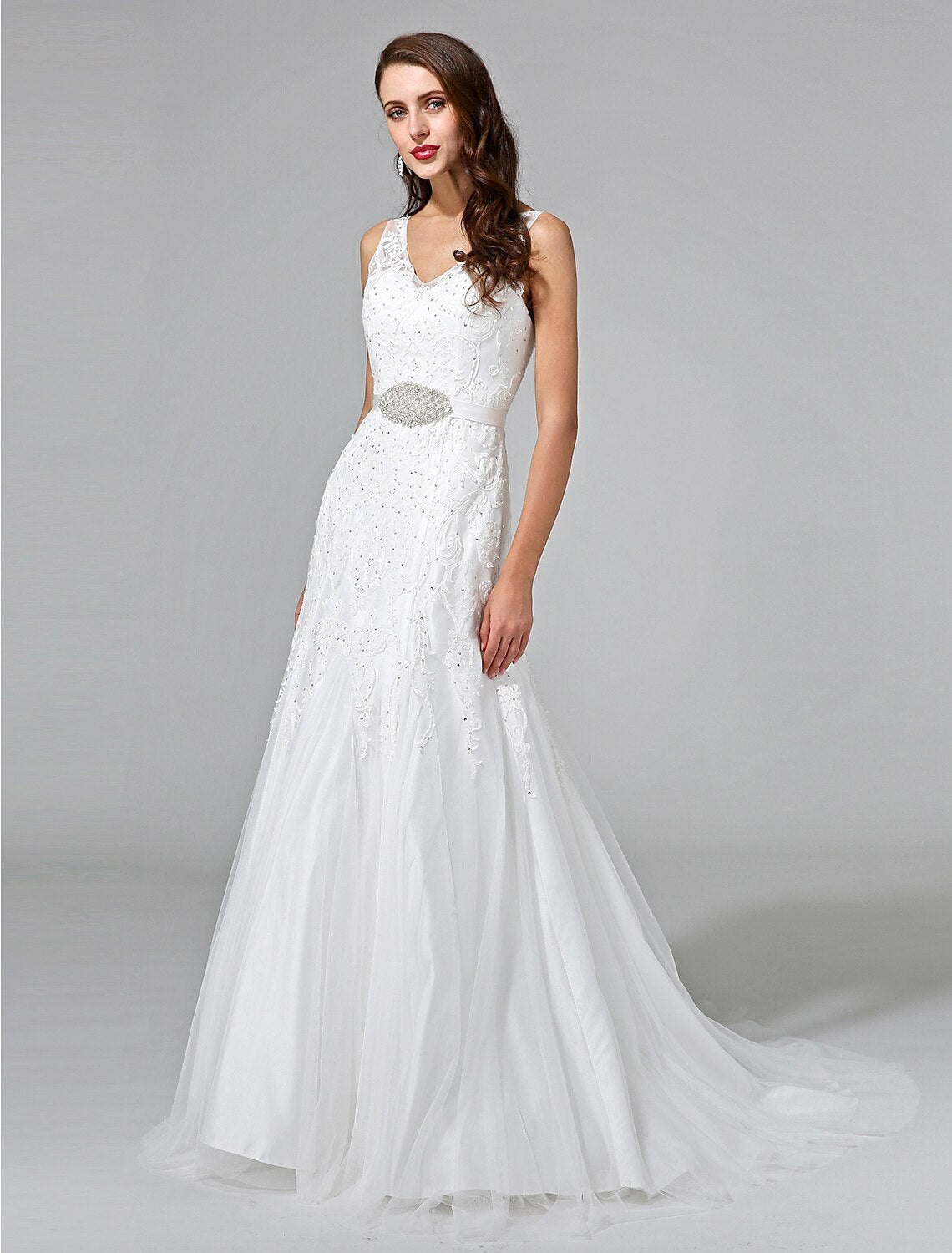 Luolandi Wedding Dresses A-Line V Neck Sleeveless Court Train Lace Bridal Gowns With Sash Beading