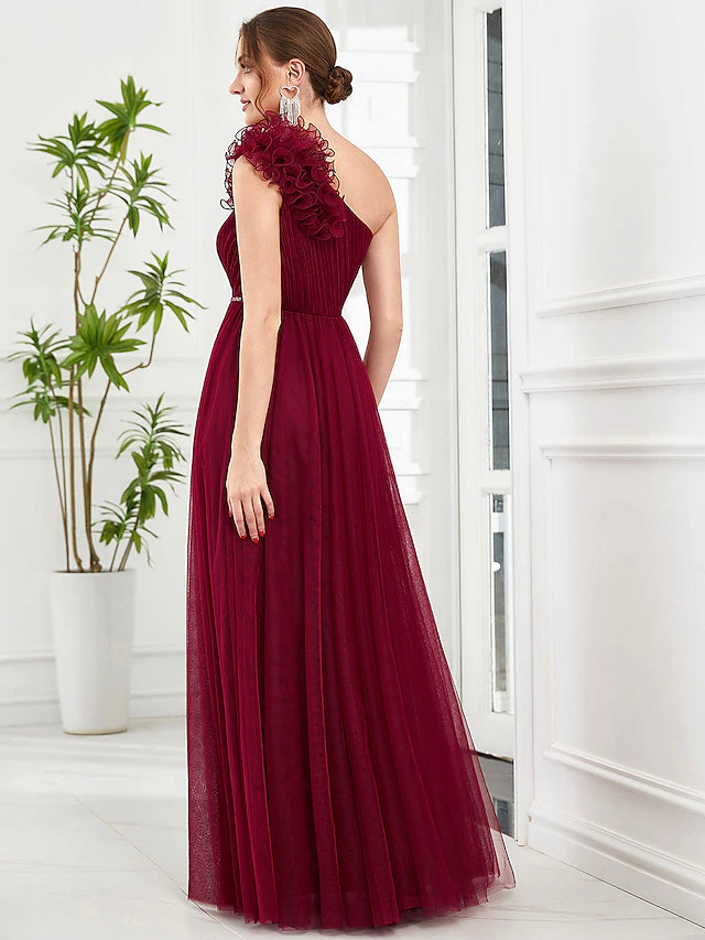 Luolandi A-Line Prom Dresses Vintage Dress Wedding Party Floor Length Sleeveless One Shoulder Tulle