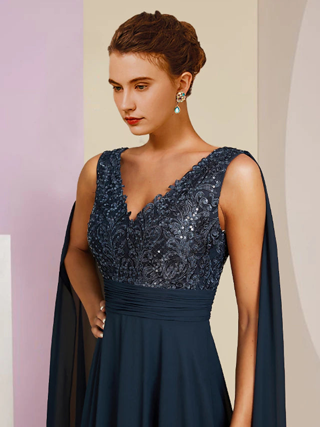 Luolandi Sheath / Column Mother of the Bride Dress Formal Party Elegant V Neck Floor Length Chiffon Lace Sleeveless with Pleats