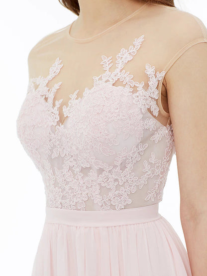 A-Line Bridesmaid Dress Illusion Neck Sleeveless Illusion Detail Floor Length Chiffon / Floral Lace with Sash / Ribbon