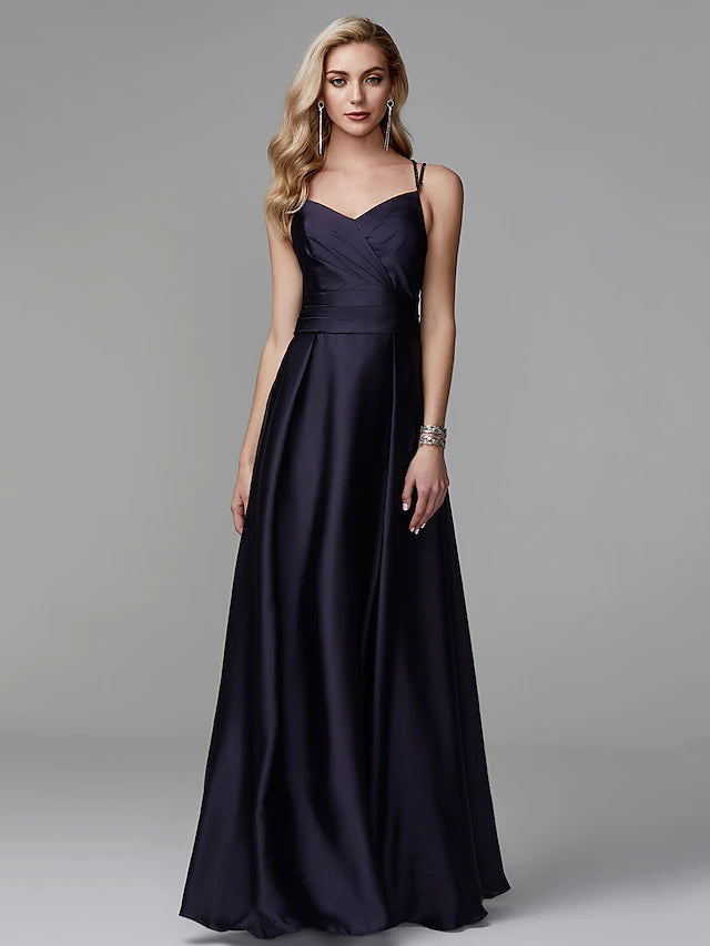 Luolandi A-Line Prom Dresses Beautiful Back Dress Evening Party Floor Length Sleeveless Spaghetti Strap Satin Crisscross Back with Beading