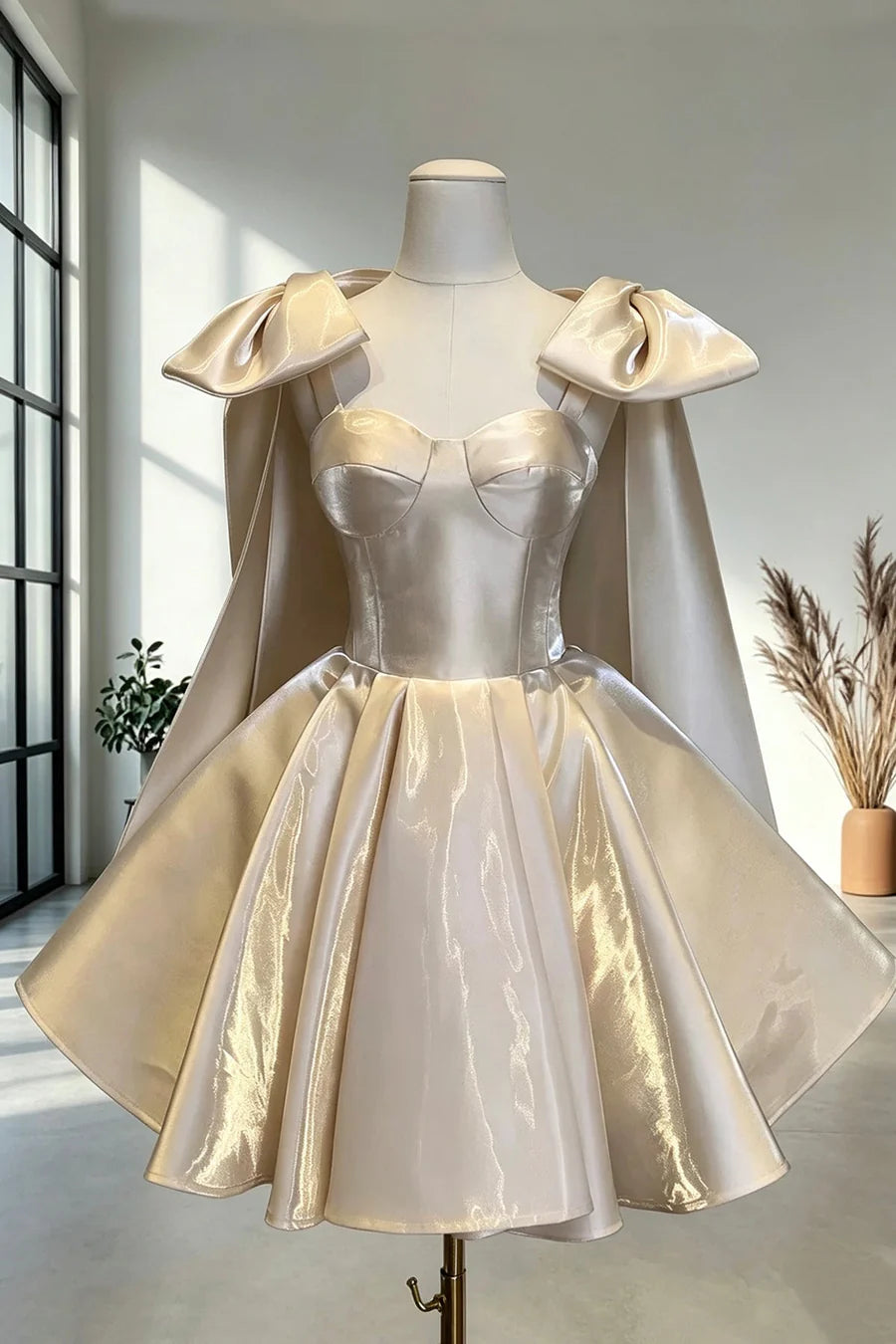 Luolandi Lovely A Line Straps Lace-up Back Short Party Prom Dress Cute Homecoming Dress with Bow