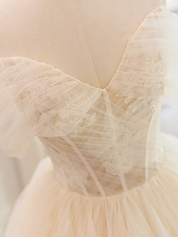 Luolandi Champagne Tulle Lace Wedding Dress With Sweep Train Off Shoulder Beautiful