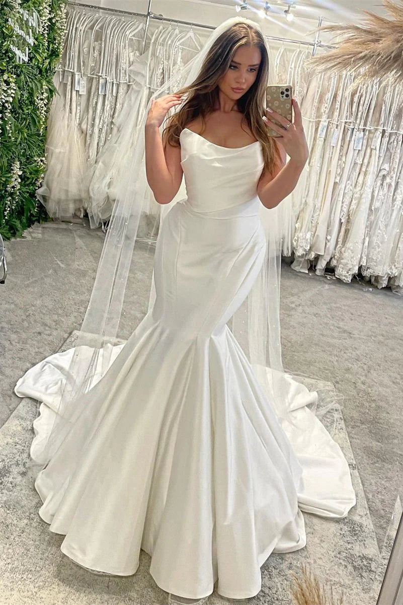 Luolandi Charming Wedding Dress Strapless Mermaid Satin Bridal Dress Off Shoulder Solid Color