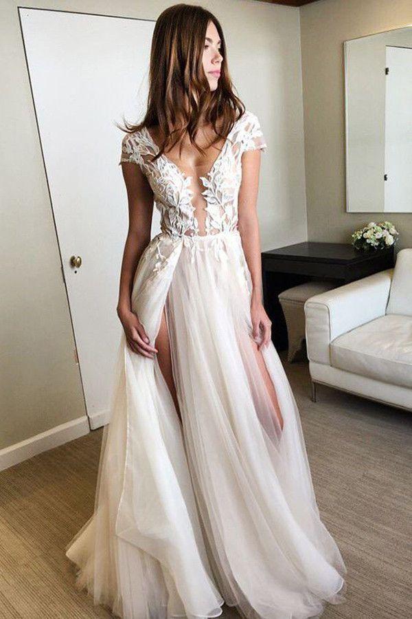 Luolandi Charming Tulle V-neck Neckline Cap Sleeves A-line Wedding Dresses With Slit