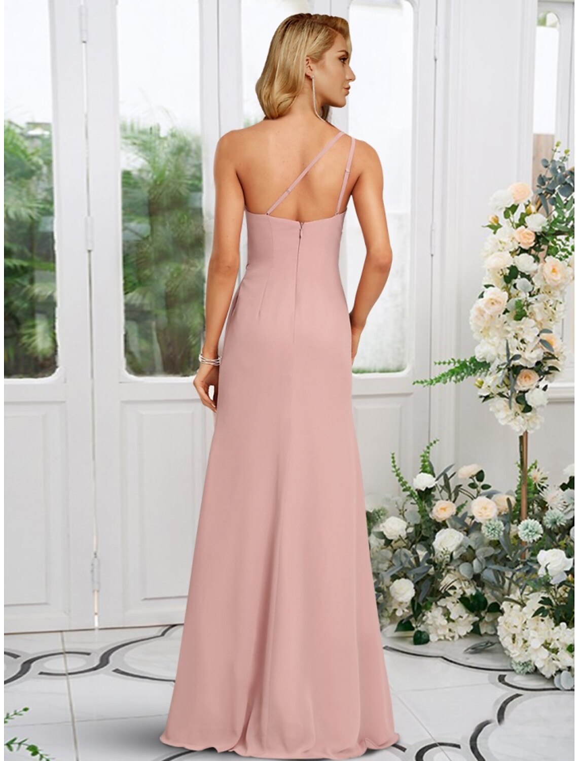 Luolandi A-Line Bridesmaid Dress One Shoulder Sleeveless Elegant Floor Length Chiffon with Split Front