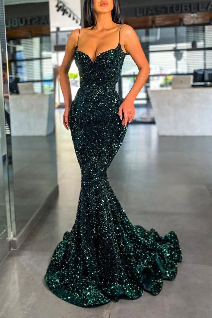 Luolandi Chic Spaghetti Straps Green Sequins Prom Dress Mermaid Long Party Gowns Sparkly Evening Dress
