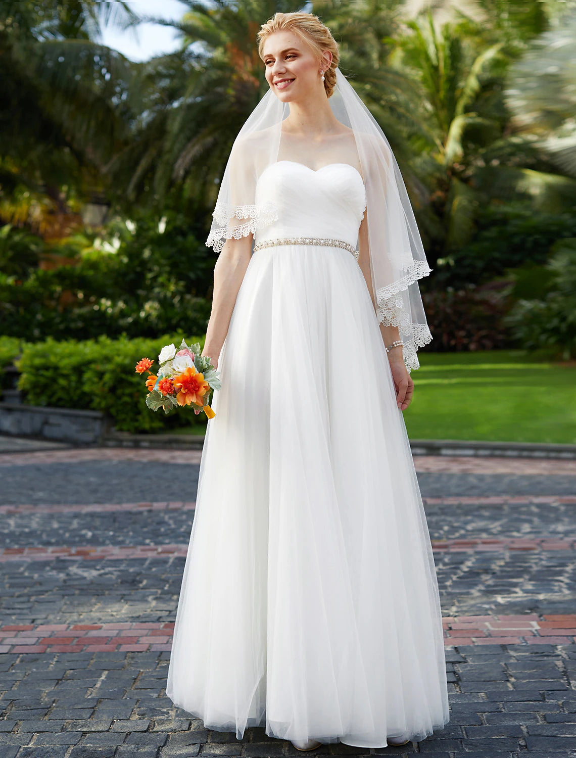 Luolandi Reception Wedding Dresses Princess Sweetheart Strapless Floor Length Chiffon Bridal Gowns With Sashes Beading