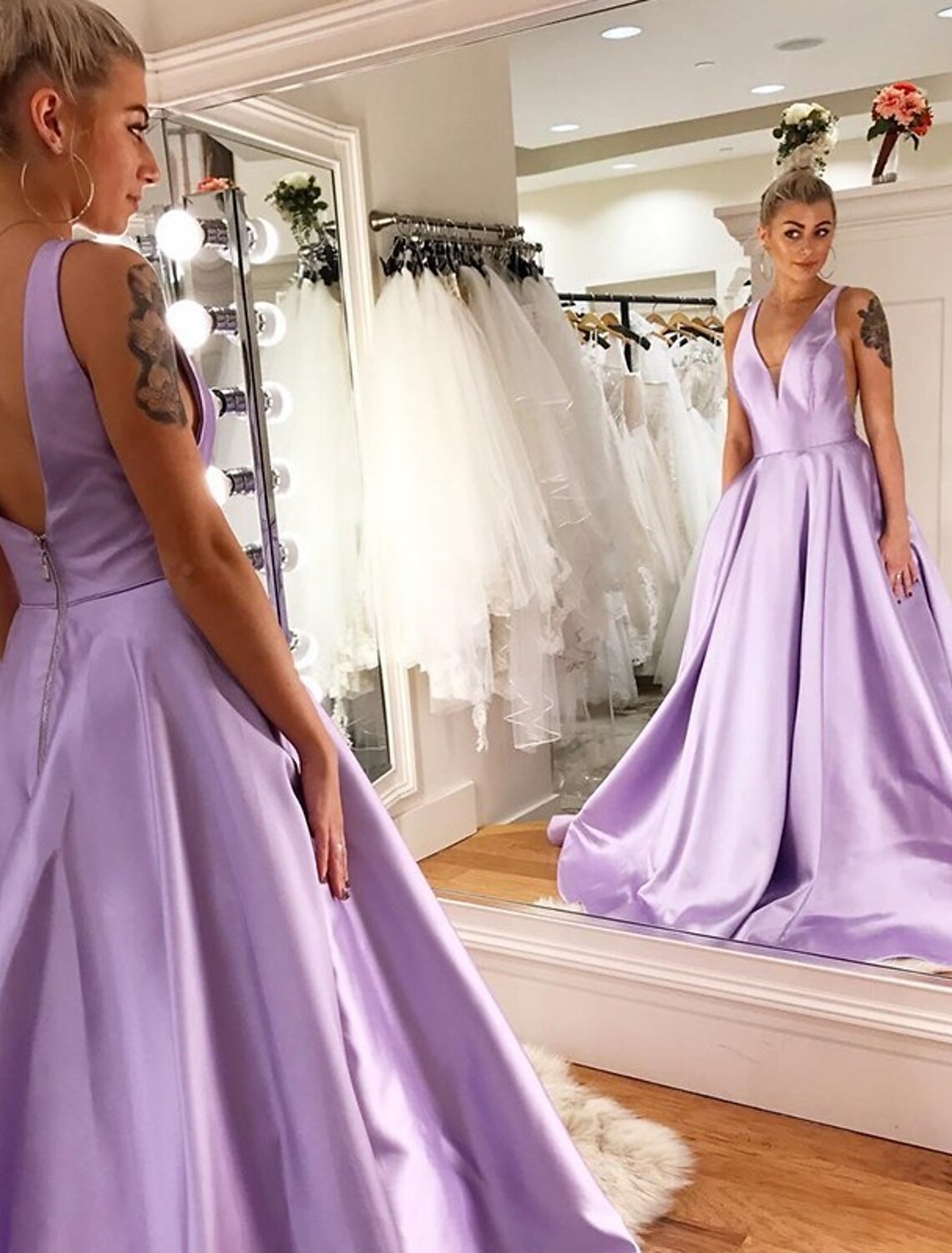 Luolandi A-Line Prom Dresses Princess Dress Formal Floor Length Sleeveless V Neck Satin Backless