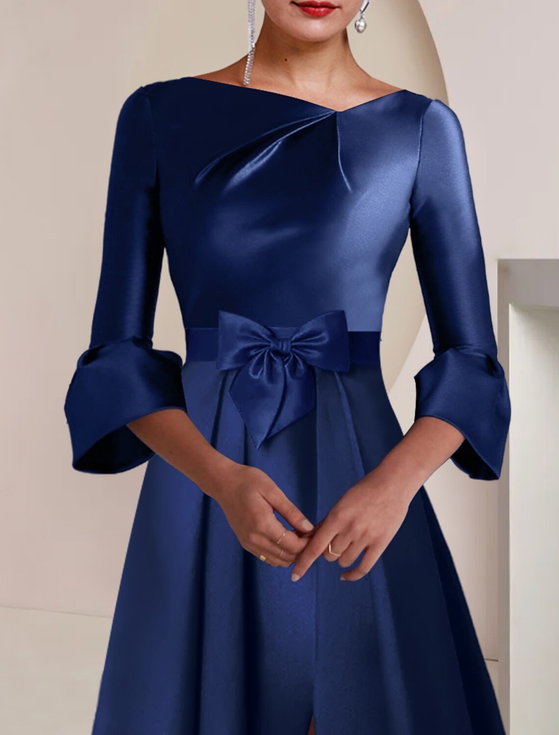 Luolandi A-Line Mother of the Bride Dress Formal Wedding Guest Party Elegant Bateau Neck Tea Length Satin 3/4 Length Sleeve with Bow(s)