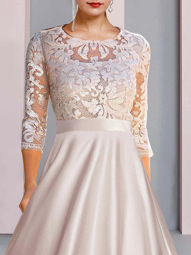 Luolandi A-Line Mother of the Bride Dress Wedding Guest Party Elegant Scoop Neck Tea Length Satin Lace 3/4 Length Sleeve