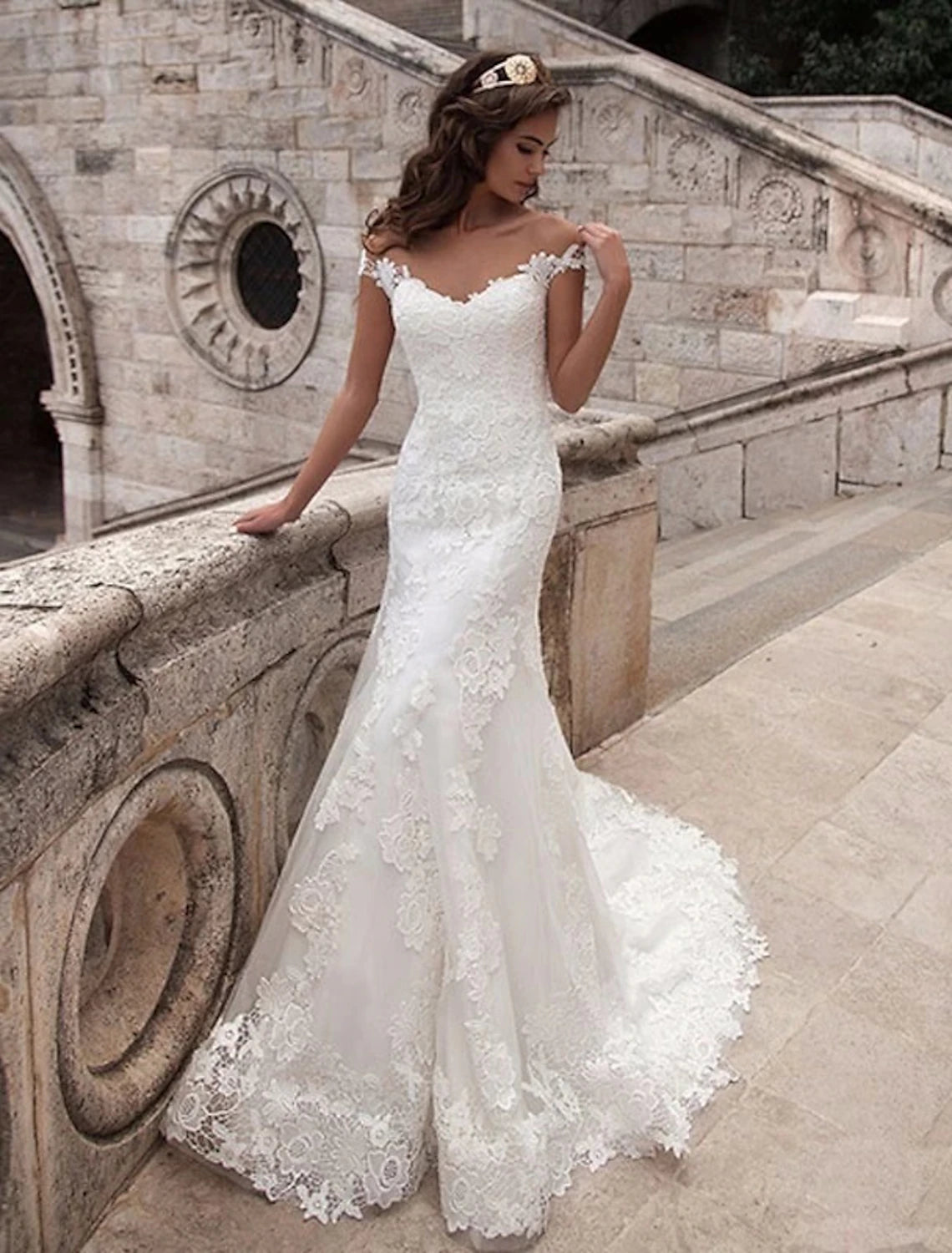 Luolandi Engagement Open Back Formal Wedding Dresses Mermaid / Trumpet Off Shoulder Cap Sleeve Court Train Lace Bridal Gowns