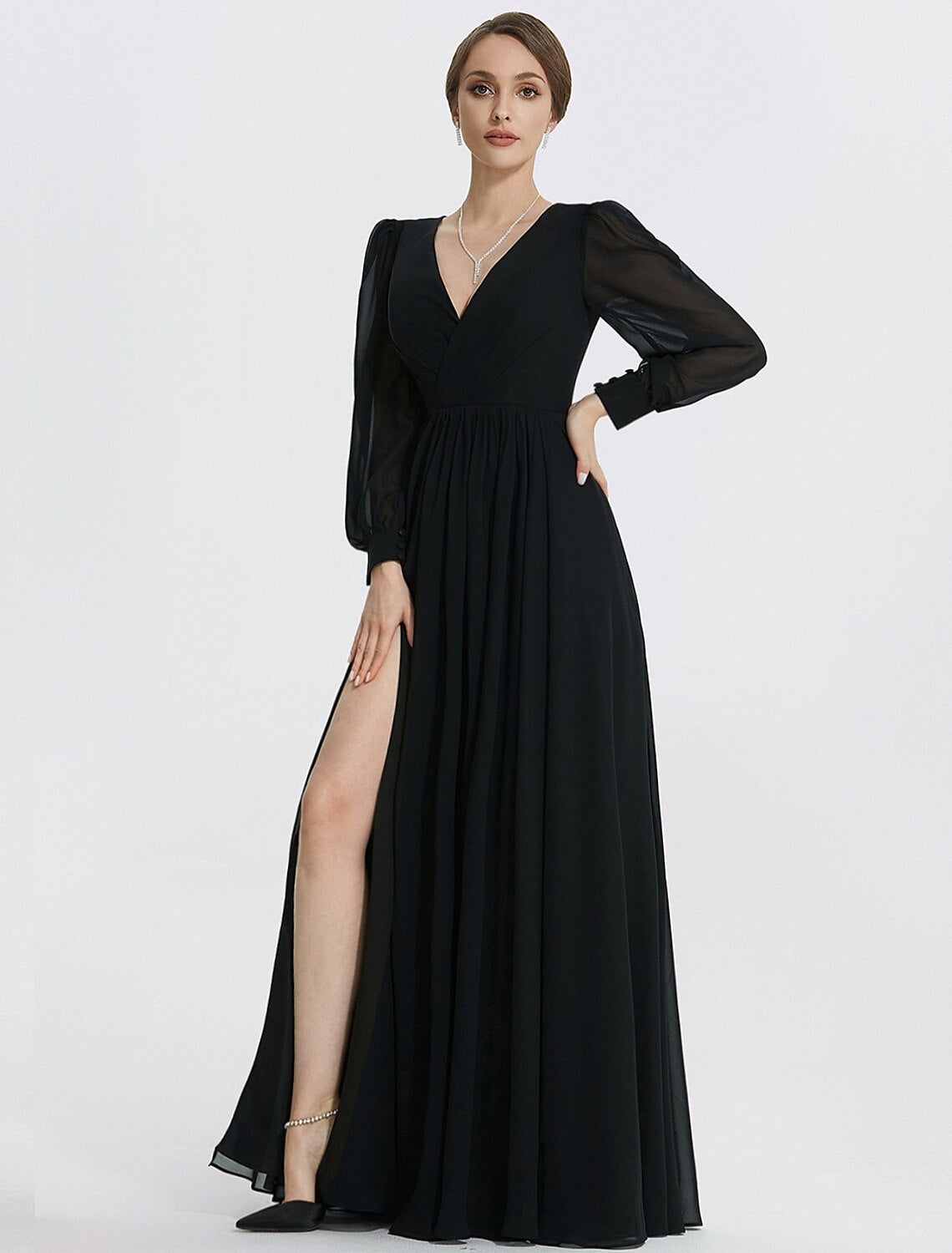 Luolandi A-Line Evening Gown Elegant Dress Formal Floor Length Long Sleeve V Neck Chiffon