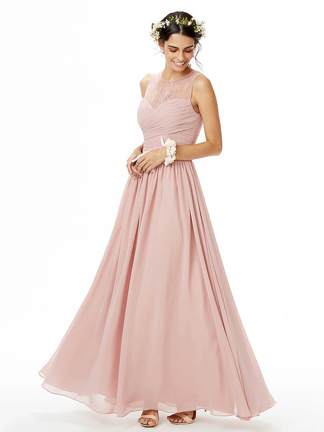 Luolandi A-Line Bridesmaid Dress Jewel Neck Sleeveless See Through Floor Length Chiffon / Lace with Lace / Criss Cross