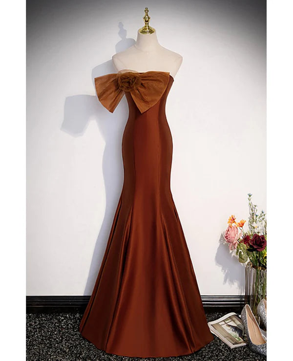 Luolandi Noble and Unique Chocolate Sleeveless Prom Dress Mermaid Strapless Tulle Butterfly Knot Dew Back Strap Long and Floor Evening Dress