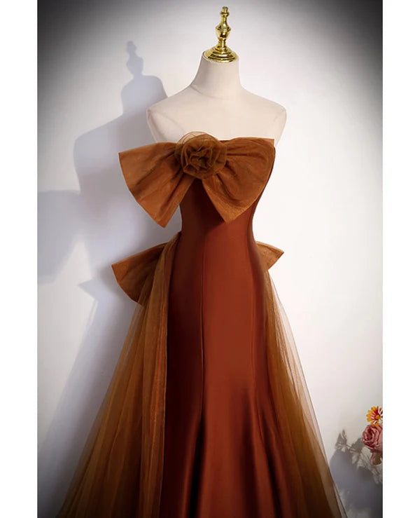 Luolandi Noble and Unique Chocolate Sleeveless Prom Dress Mermaid Strapless Tulle Butterfly Knot Dew Back Strap Long and Floor Evening Dress