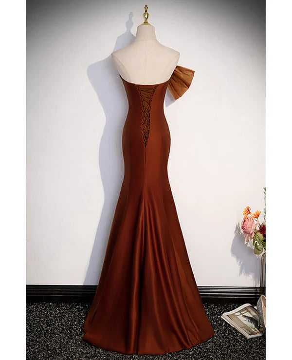 Luolandi Noble and Unique Chocolate Sleeveless Prom Dress Mermaid Strapless Tulle Butterfly Knot Dew Back Strap Long and Floor Evening Dress