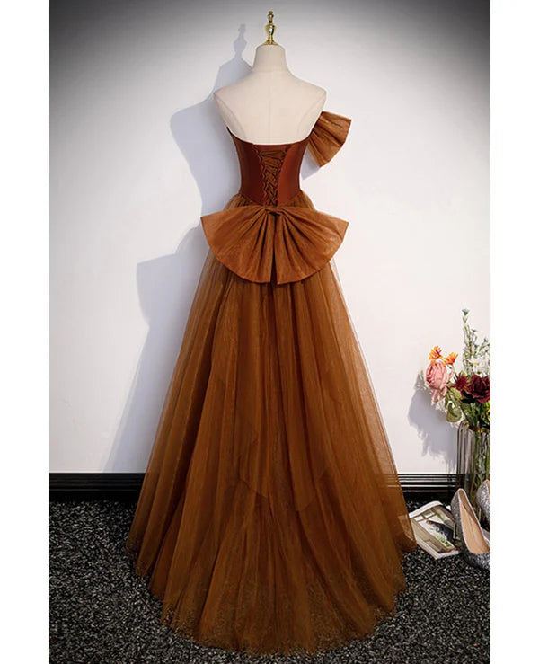 Luolandi Noble and Unique Chocolate Sleeveless Prom Dress Mermaid Strapless Tulle Butterfly Knot Dew Back Strap Long and Floor Evening Dress
