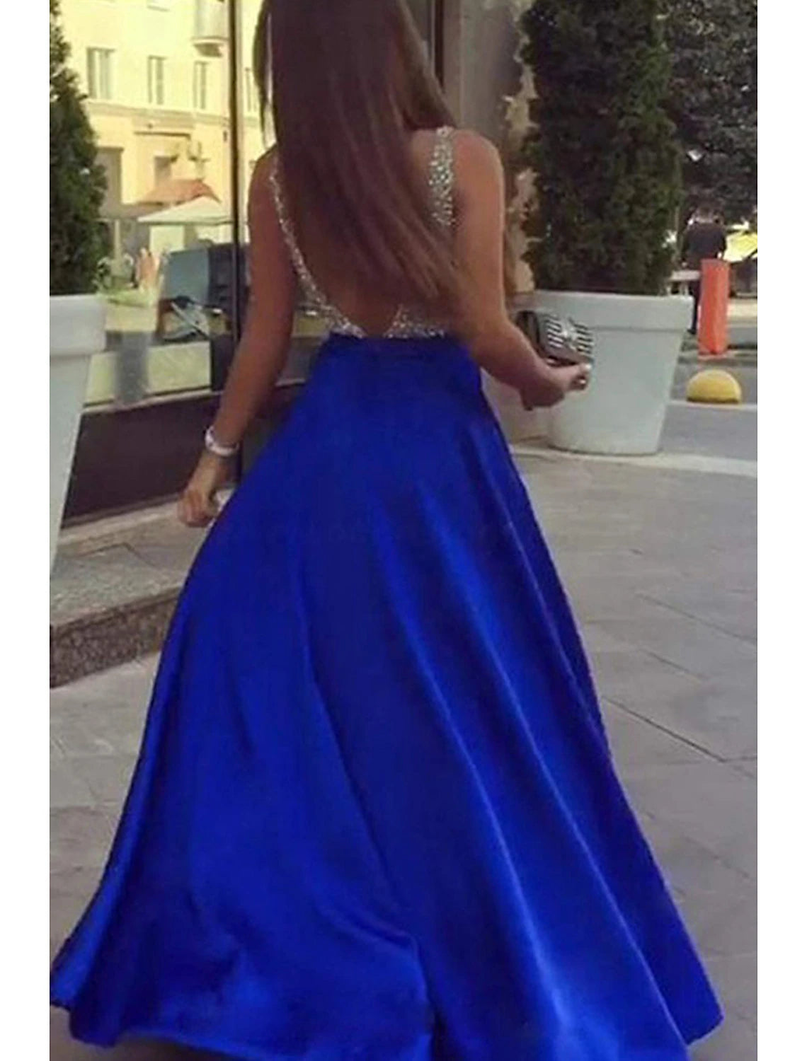 Luolandi A-Line Prom Dresses Sparkle & Shine Dress Formal Floor Length Sleeveless V Neck Pocket Satin Backless V Back with Beading