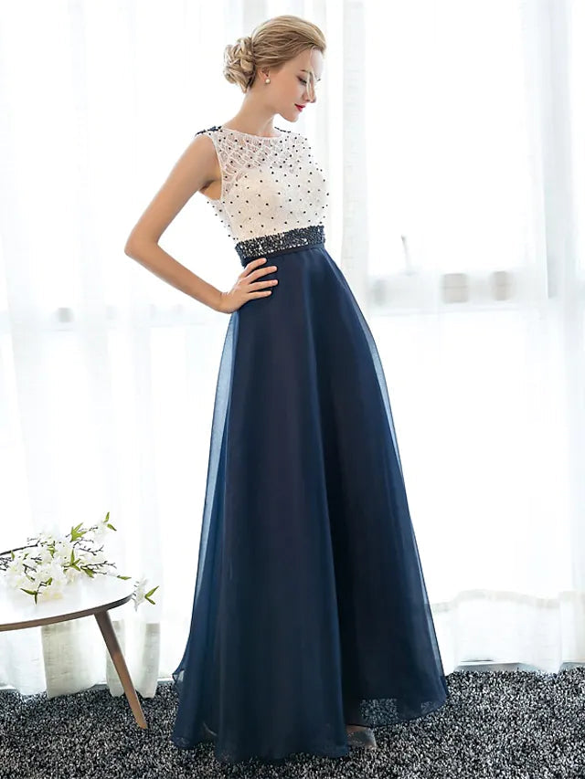 Luolandi A-Line Beautiful Back Elegant Beaded & Sequin Prom Formal Evening Dress Illusion Neck Sleeveless Floor Length Tulle Over Lace