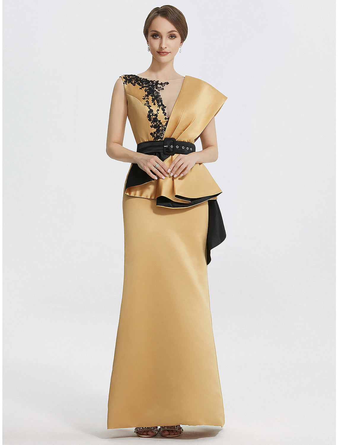 Luolandi Sheath / Column Evening Gown Elegant Dress Formal Floor Length Sleeveless Jewel Neck Satin with Embroidery