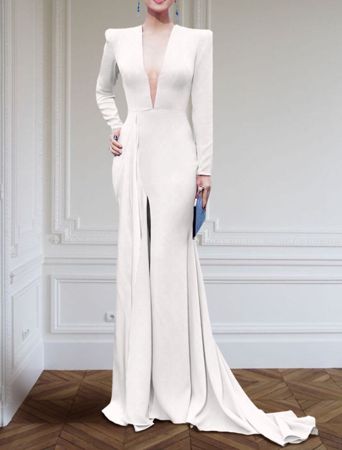 Luolandi A-Line Evening Gown Elegant Black Champagne Dress Plus Size Dress Formal Sweep / Brush Train Long Sleeve V Neck Fabric with Pleats