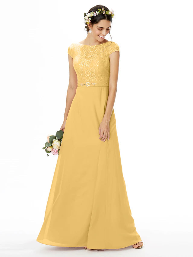 Luolandi Sheath / Column Bridesmaid Dress Bateau Neck Short Sleeve Elegant Floor Length Chiffon / Lace with Lace / Sash / Ribbon