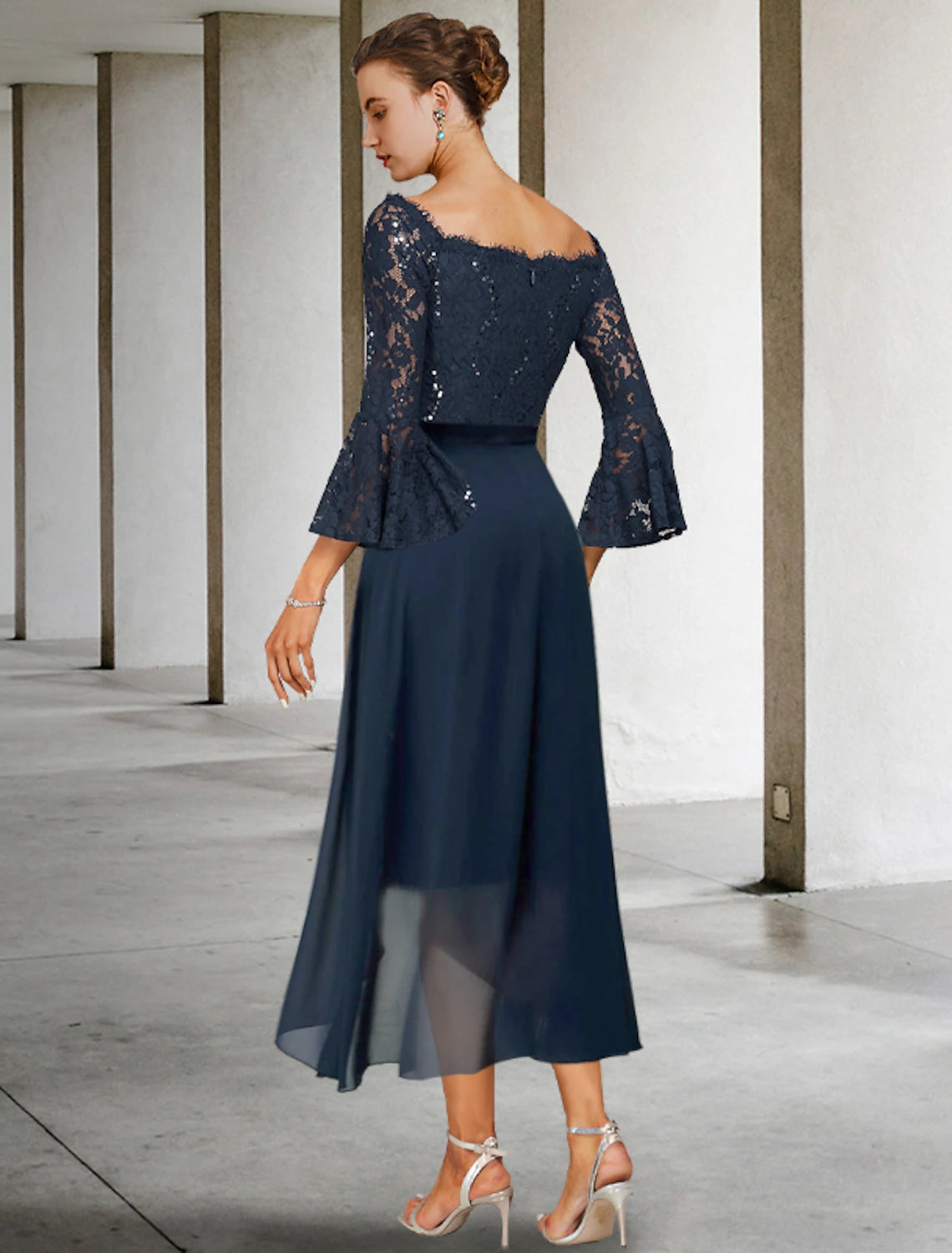 Luolandi Two Piece Sheath / Column Mother of the Bride Dress Formal Wedding Guest Party Elegant Off Shoulder Knee Length Chiffon Lace Imitated Silk 3/4 Length Sleeve