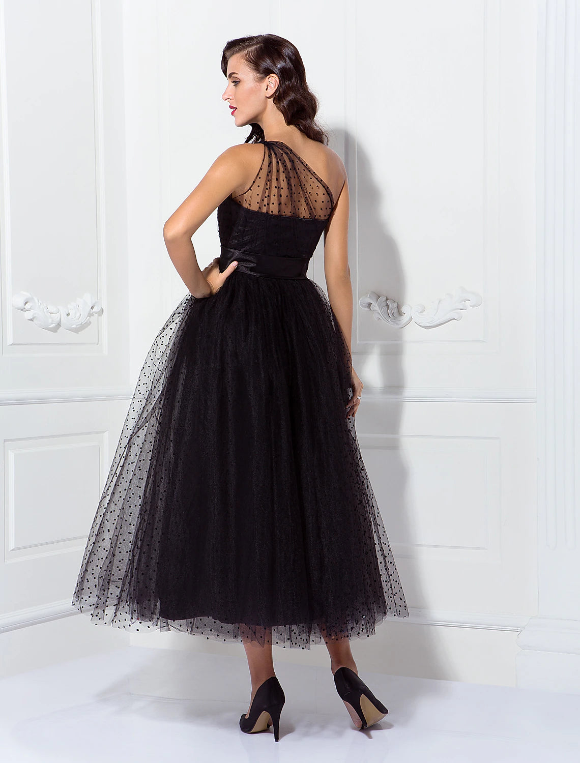 A-Line Cocktail Dresses Vintage Dress Wedding Guest Cocktail Party Ankle Length Sleeveless One Shoulder Wednesday Addams Family Tulle with Pleats Pattern
