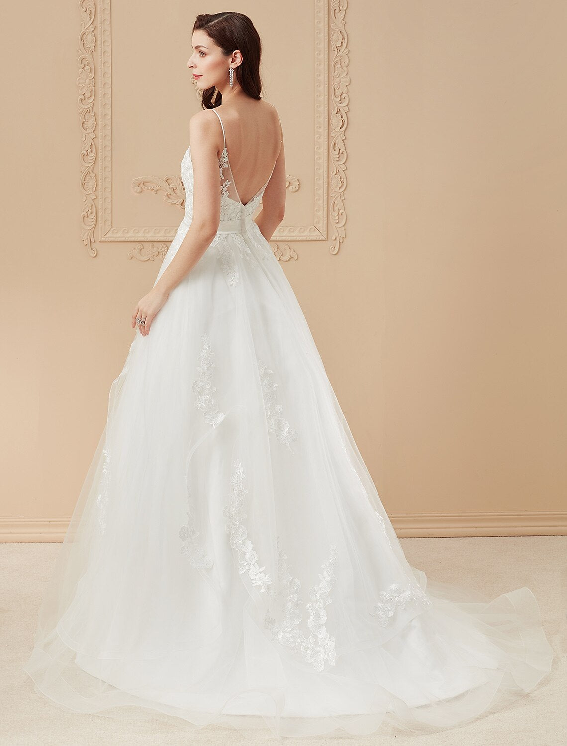 Luolandi Ball Gown Wedding Dresses V Neck Sweep / Brush Train Satin Tulle Over Lace Spaghetti Strap Romantic Illusion Detail Backless