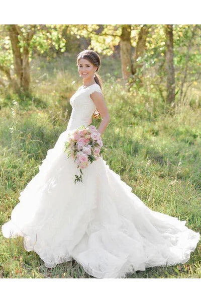 Luolandi V-neck Ruffles Tiered Skirt A-line Lace Organza Wedding Dress with Cap Sleeves Beautiful