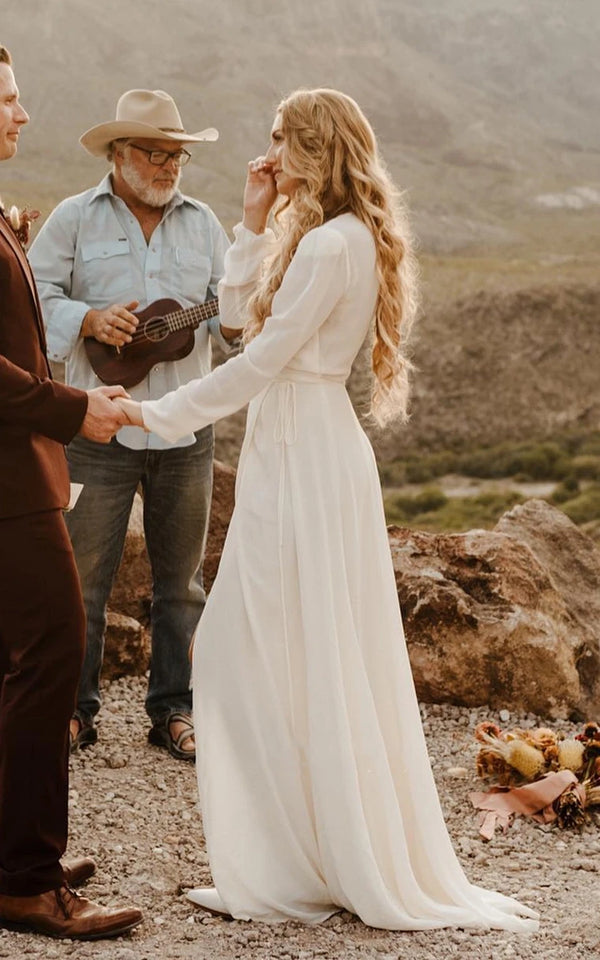 Luolandi A-Line Sleeved Chiffon Wedding Dress with Sweep Train and Slit Sexy