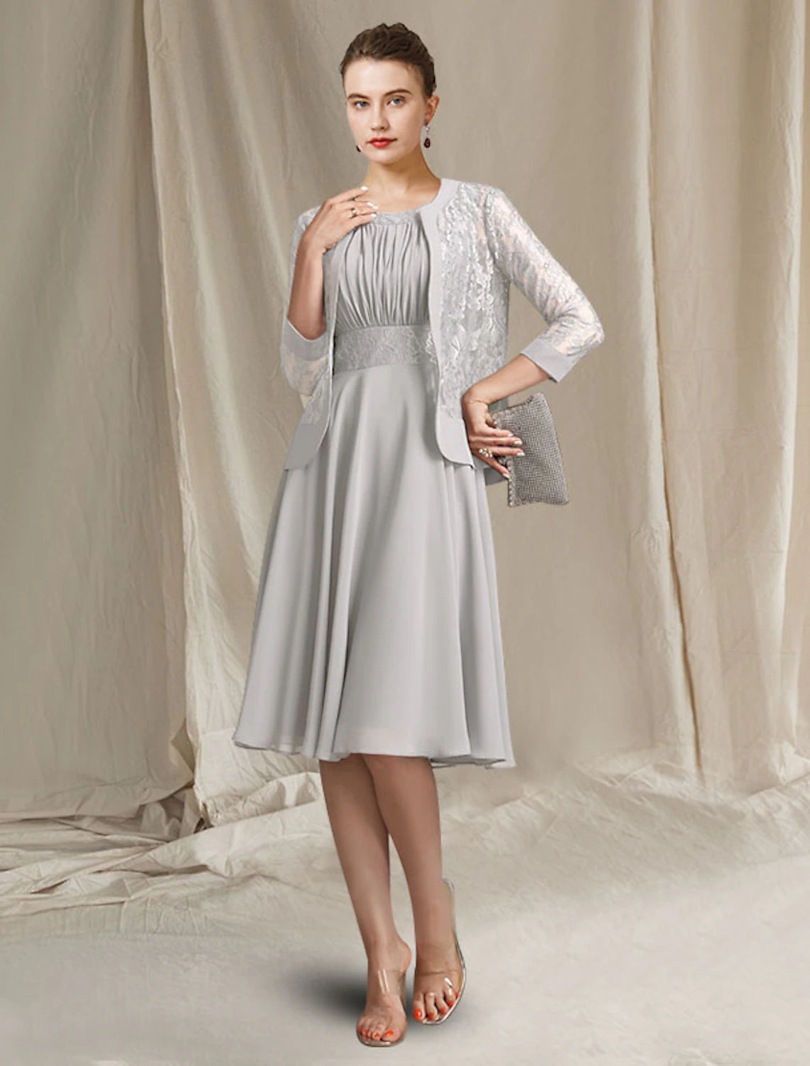 Luolandi Two Piece A-Line Mother of the Bride Dress Church Elegant Jewel Neck Knee Length Chiffon Lace Sleeveless Wrap Included with Pleats