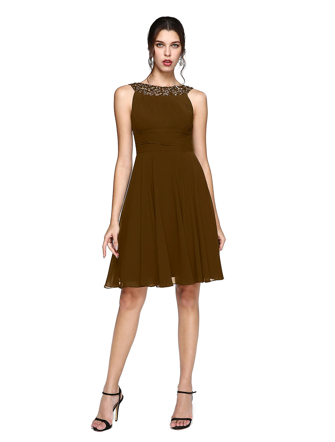 Luolandi A-Line Cocktail Dresses Party Dress Wedding Guest Cocktail Party Knee Length Sleeveless Illusion Neck Chiffon with Ruched Sequin Lace