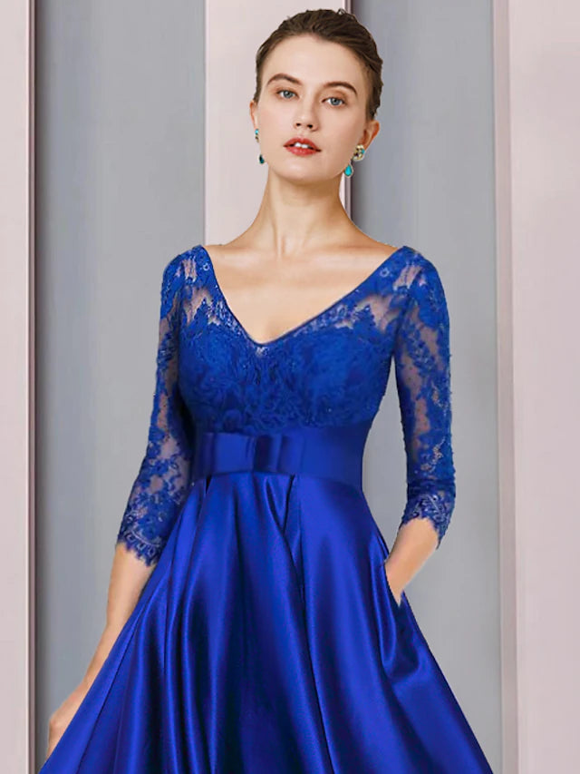 Luolandi A-Line Mother of the Bride Dress Formal Wedding Guest Elegant High Low Jewel Neck V Neck Asymmetrical Tea Length Satin Lace 3/4 Length Sleeve with Bow(s)