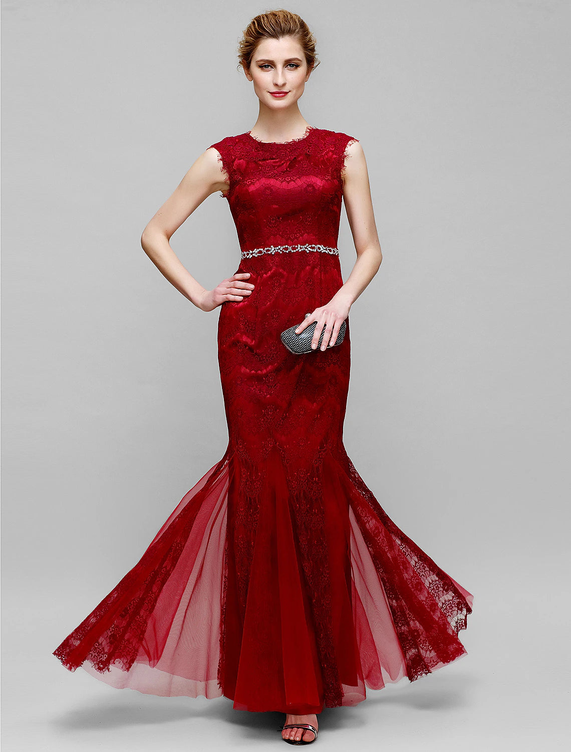 Luolandi Mermaid / Trumpet Mother of the Bride Dress Jewel Neck Ankle Length Lace Tulle Sleeveless No with Lace