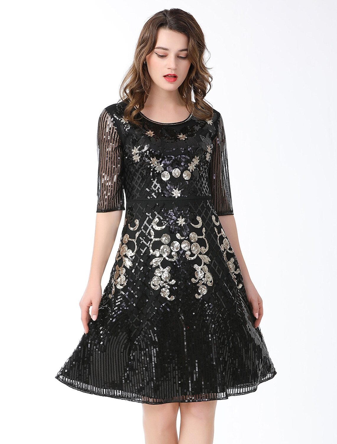 Luolandi A-Line Cocktail Dresses Vintage Dress Holiday Knee Length Half Sleeve Jewel Neck Cotton Blend with Sequin